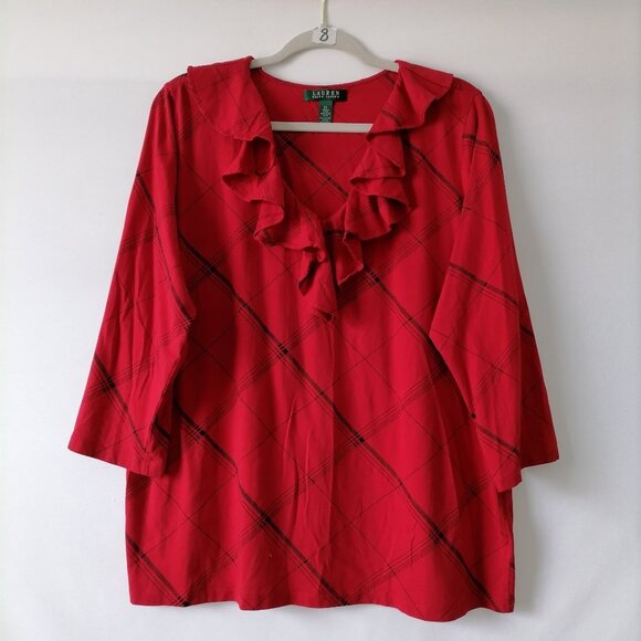 Lauren Ralph Lauren Womens Red Ruffle V-Neck 3/4 Sleeve Plaid Blouse Top Size 2X - Picture 1 of 7